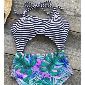 Cupshe leafy stripes cutout one piece nwt Small